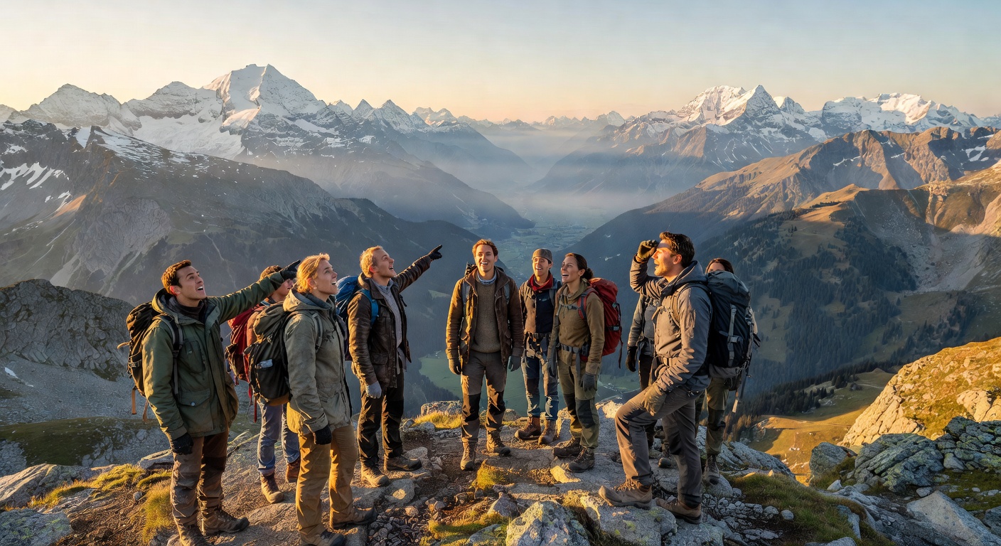 Adventurous travelers overlooking a vast European mountain landscape