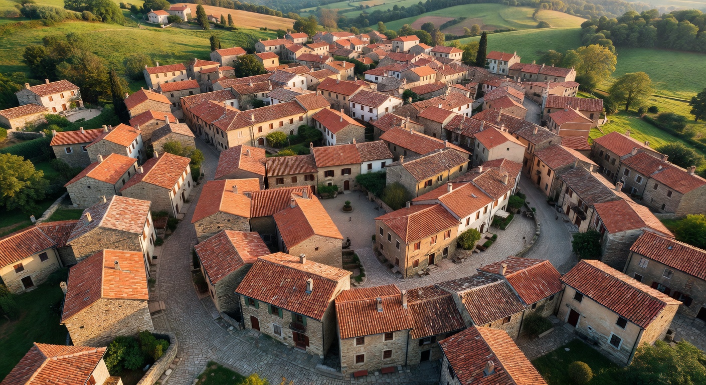 Aerial view of a charming European village with terracotta rooftops and winding streets