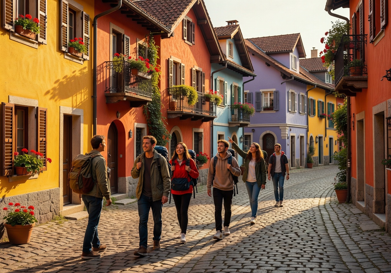 Backpackers exploring a scenic European cobblestone street with colorful buildings