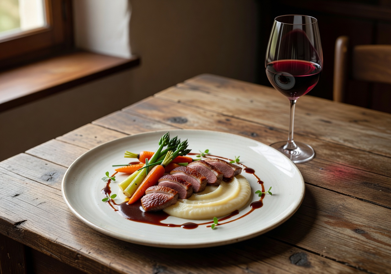 Beautifully plated gourmet European cuisine with wine pairing on a rustic table