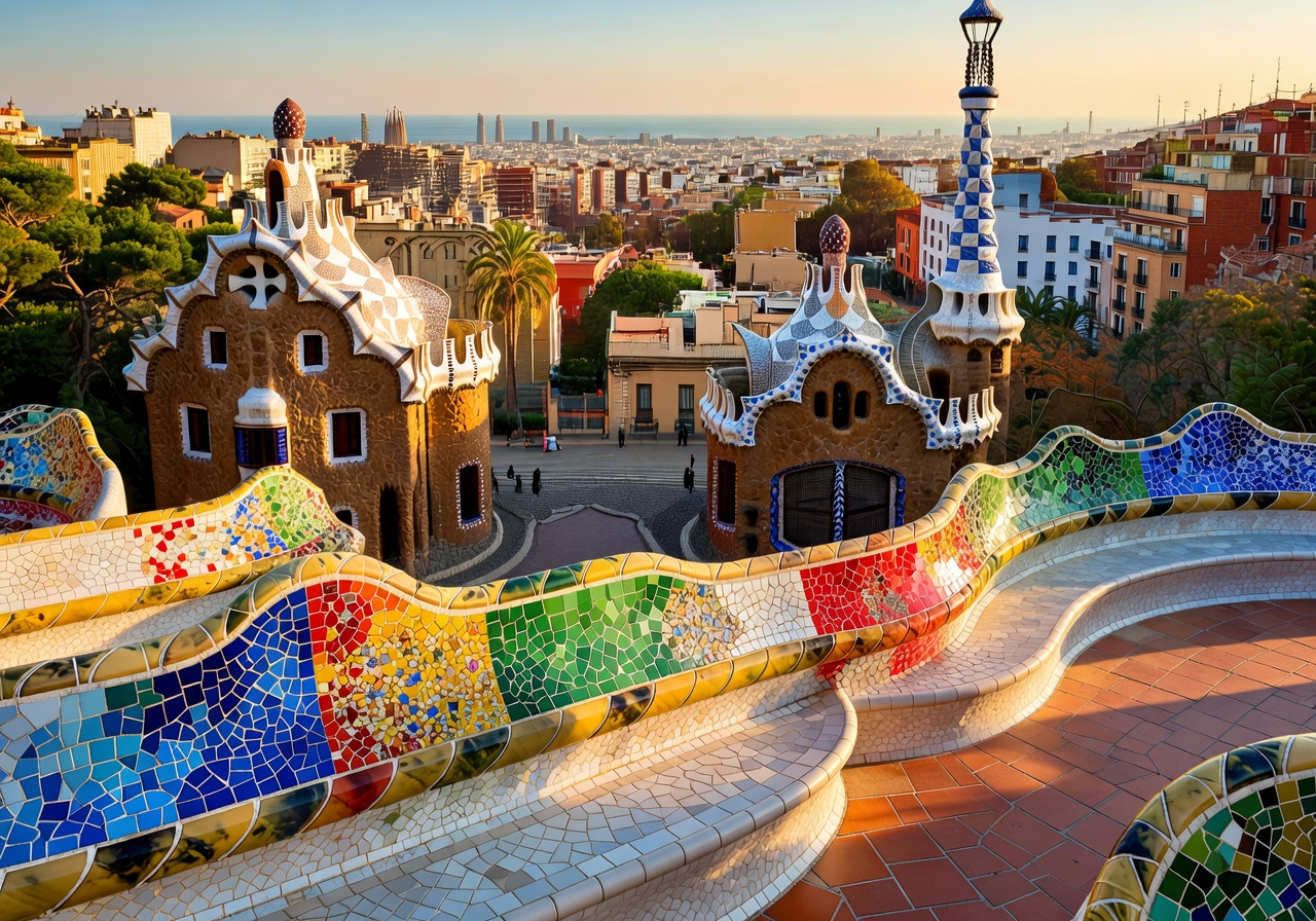 Colorful mosaic architecture of Park Güell in Barcelona with city views