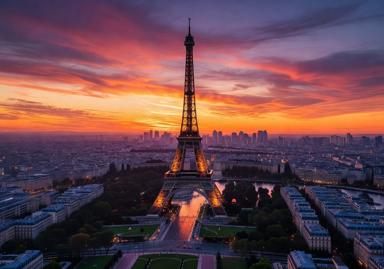 Eiffel Tower in Paris with sunset sky and city panorama