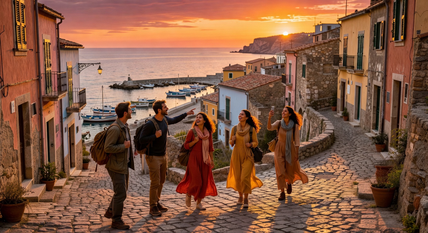 Group of travelers exploring a beautiful European coastal town at sunset