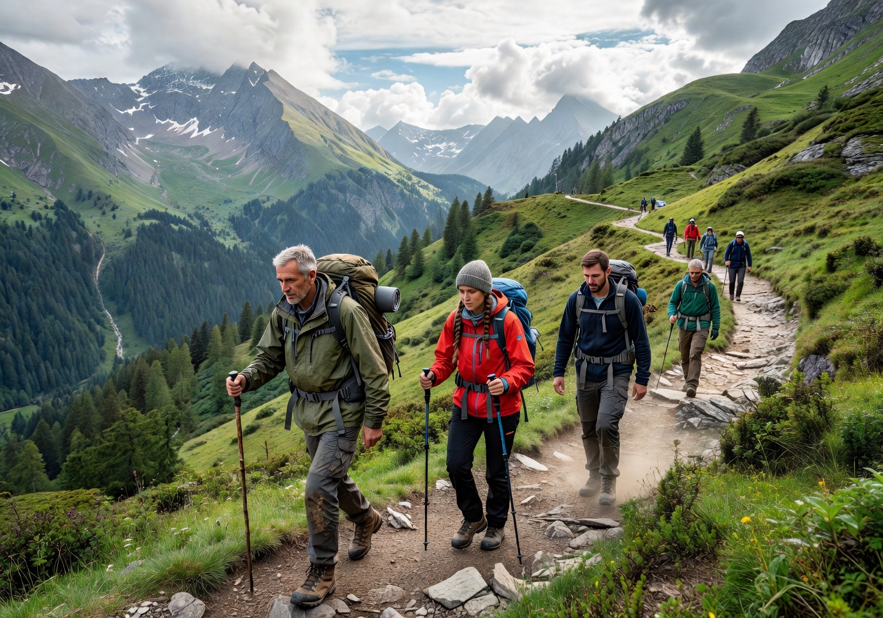 Hikers trekking through lush green mountain trails in the European Alps
