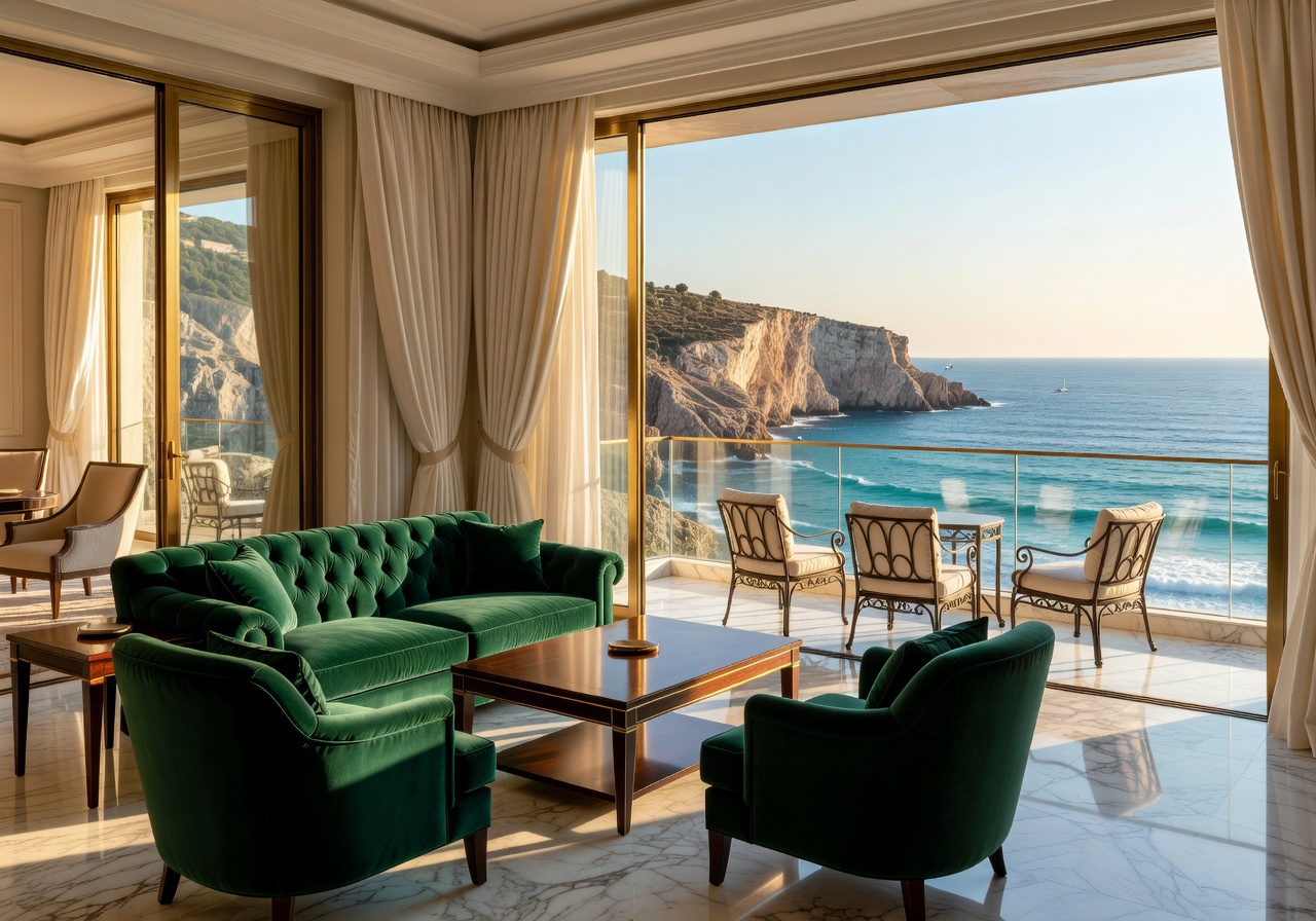 Luxury European hotel suite with a balcony overlooking the Mediterranean coast