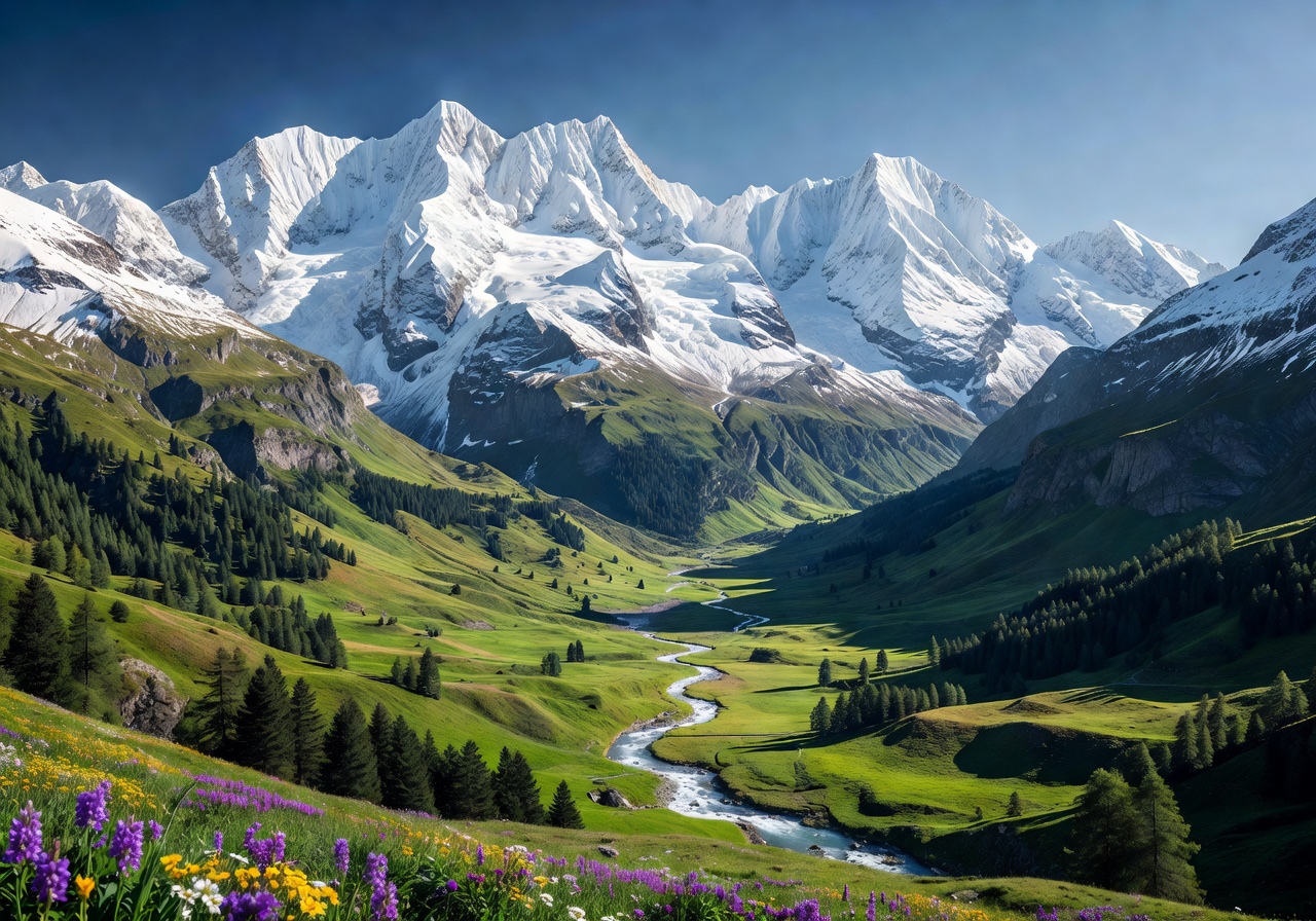 Majestic Swiss Alps mountain peaks covered in snow with green valleys below