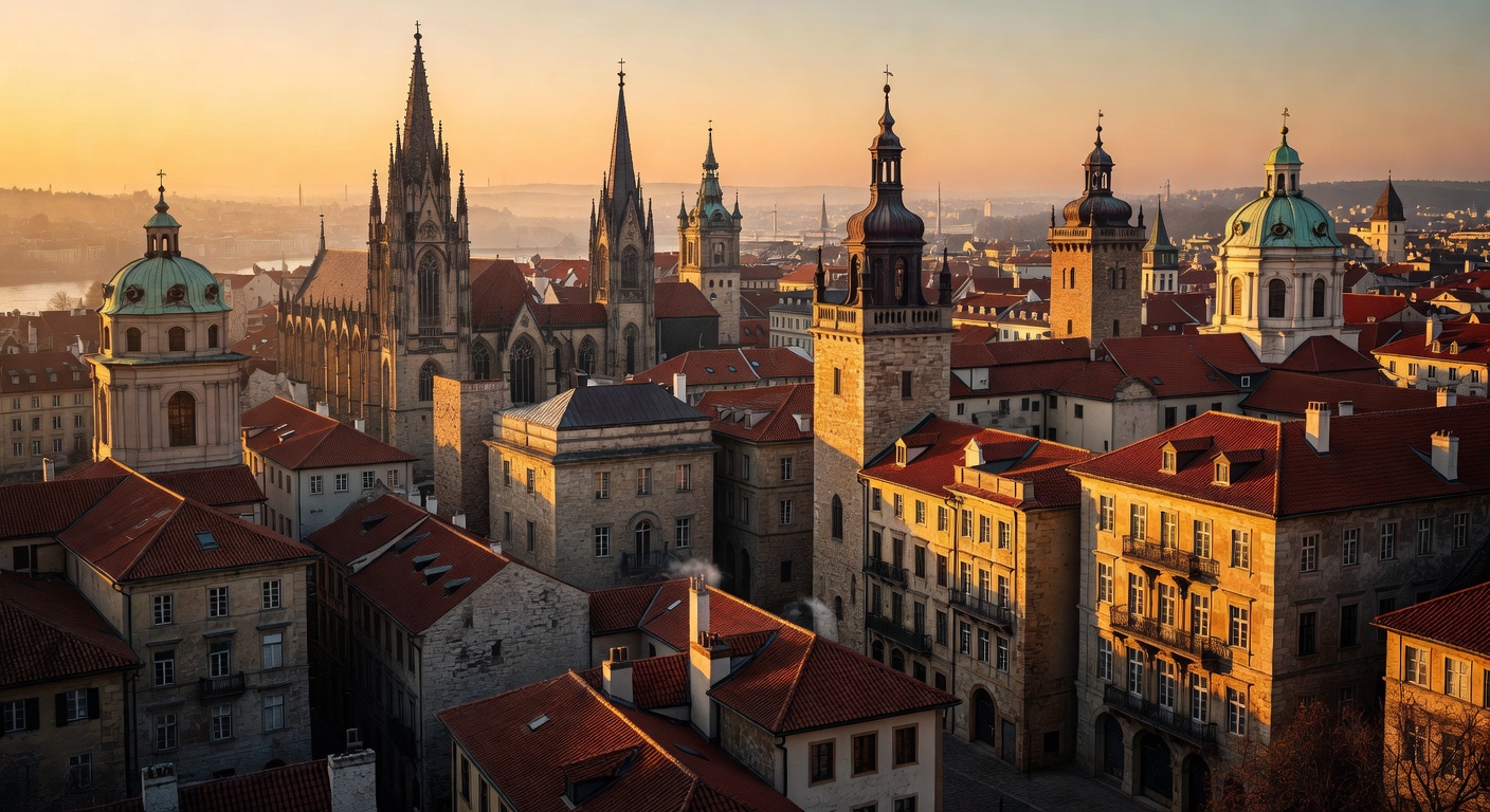 Panoramic view of European cityscape with historic architecture at golden hour