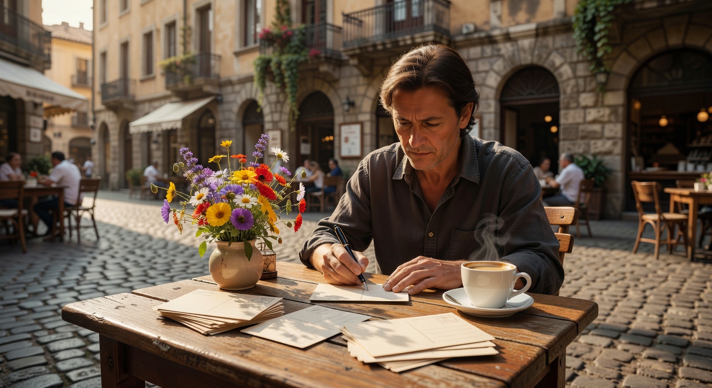Person writing postcards at a charming European cafe with flowers and coffee