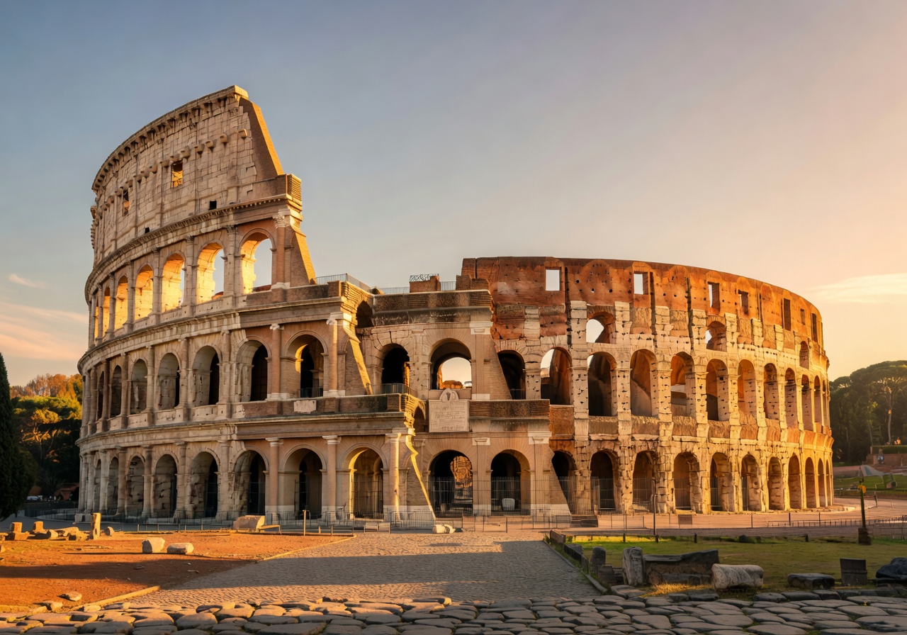 The Colosseum in Rome bathed in warm golden light