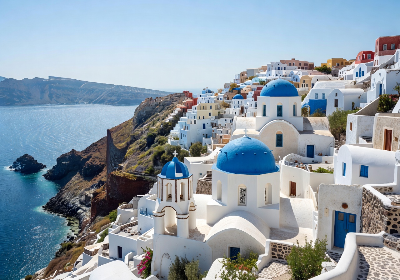 White-washed buildings and blue domes of Santorini overlooking the Aegean Sea